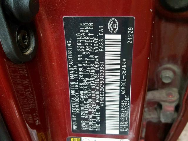 4T1BE32K75U433854 - 2005 TOYOTA CAMRY LE RED photo 10