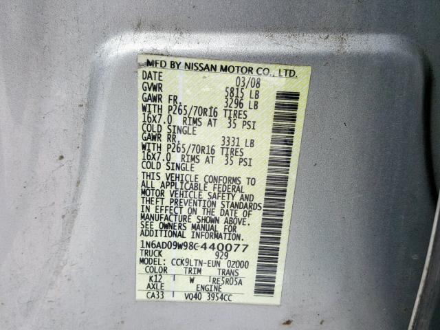 1N6AD09W98C440077 - 2008 NISSAN FRONTIER C GRAY photo 10