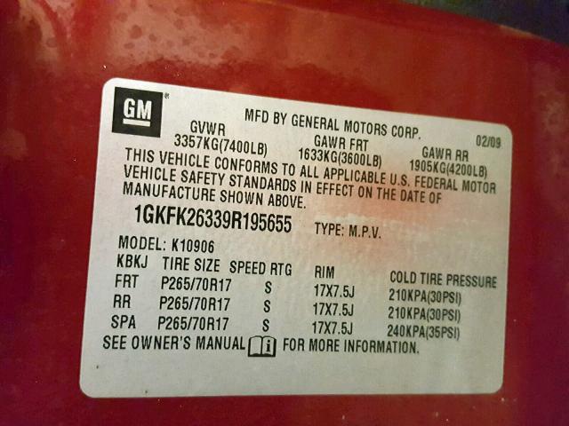 1GKFK26339R195655 - 2009 GMC YUKON XL K MAROON photo 10