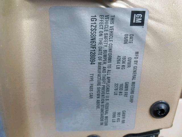 1G1ZS58N67F128094 - 2007 CHEVROLET MALIBU LS GOLD photo 10