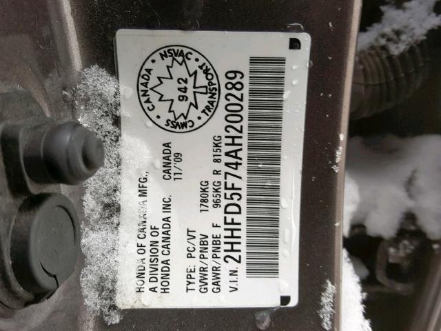 2HHFD5F74AH200289 - 2010 ACURA CSX TECHNO SILVER photo 10