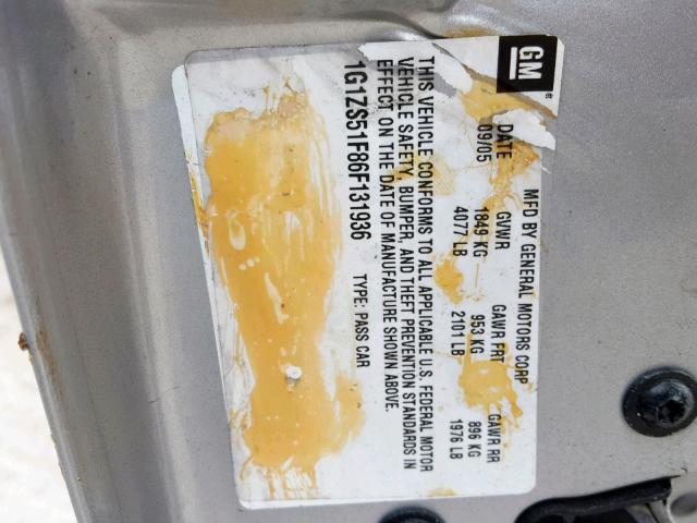 1G1ZS51F86F131936 - 2006 CHEVROLET MALIBU LS Күміс фото 10