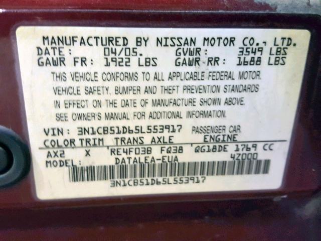 3N1CB51D65L553917 - 2005 NISSAN SENTRA 1.8 MAROON photo 10