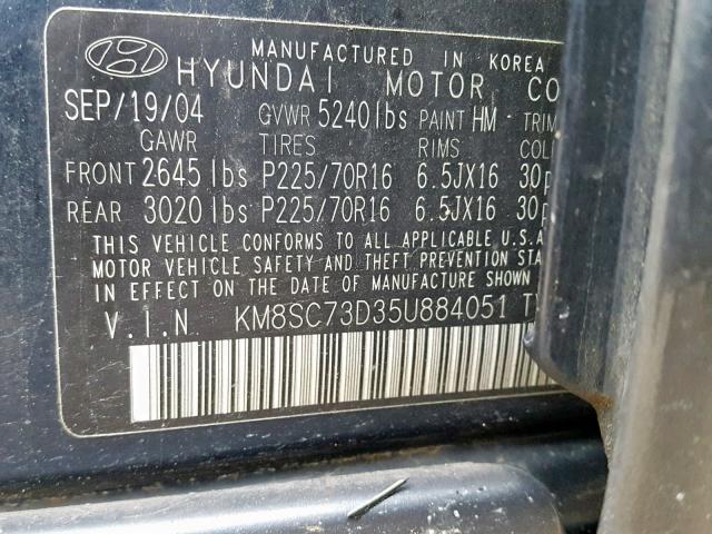 KM8SC73D35U884051 - 2005 HYUNDAI SANTA FE G BLUE photo 10