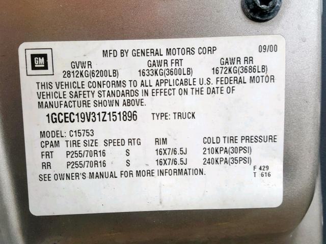 1GCEC19V31Z151896 - 2001 CHEVROLET SILVERADO GRAY photo 10