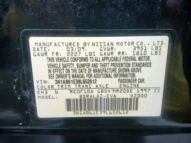 3N1AB61E39L652612 - 2009 NISSAN SENTRA 2.0 BLACK photo 10