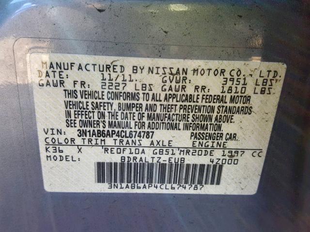 3N1AB6AP4CL674787 - 2012 NISSAN SENTRA 2.0 GRAY photo 10