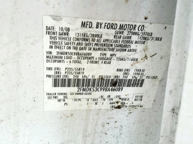 2FMDK53C99BA46089 - 2009 FORD FLEX LIMIT WHITE photo 10