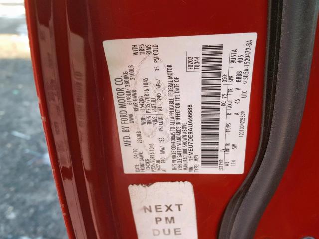 1FMEU7DE9AUA66688 - 2010 FORD EXPLORER X 红色 照片 10