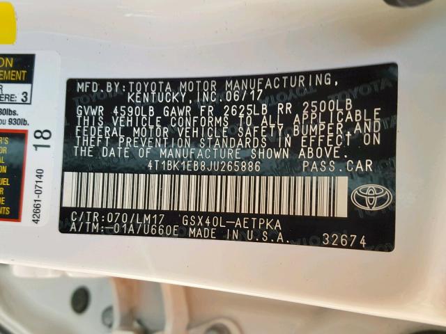 4T1BK1EB8JU265886 - 2018 TOYOTA AVALON XLE WHITE photo 10