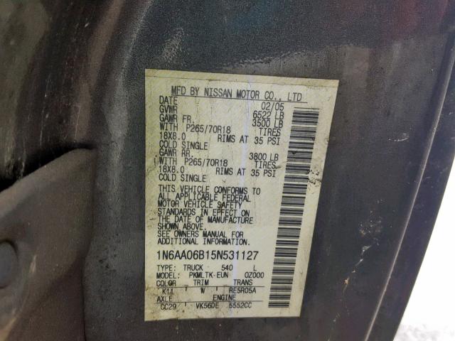 1N6AA06B15N531127 - 2005 NISSAN TITAN XE GRAY photo 10