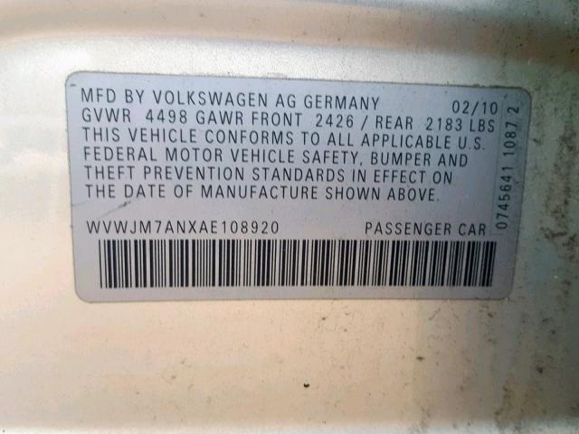 WVWJM7ANXAE108920 - 2010 VOLKSWAGEN PASSAT KOM SILVER photo 10