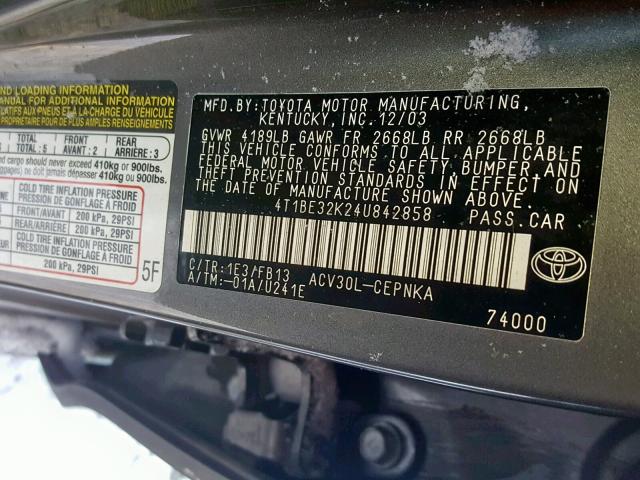 4T1BE32K24U842858 - 2004 TOYOTA CAMRY LE GRAY photo 10