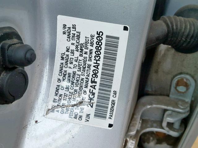 2HGFA1F90AH308805 - 2010 HONDA CIVIC EXL SILVER photo 10