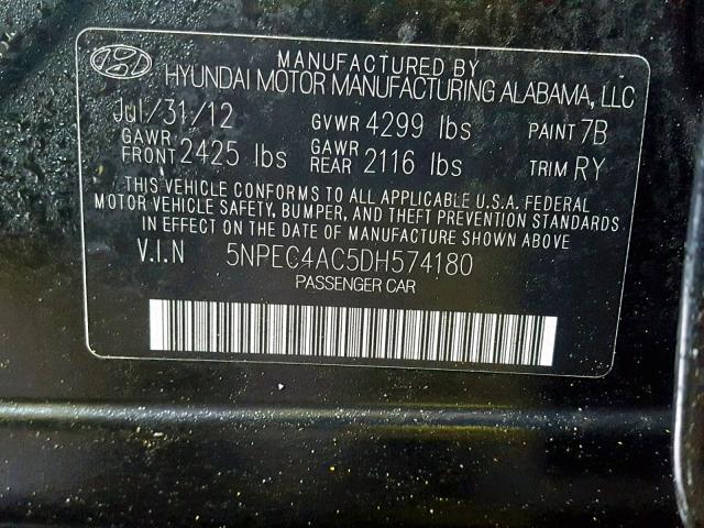 5NPEC4AC5DH574180 - 2013 HYUNDAI SONATA SE BLACK photo 10