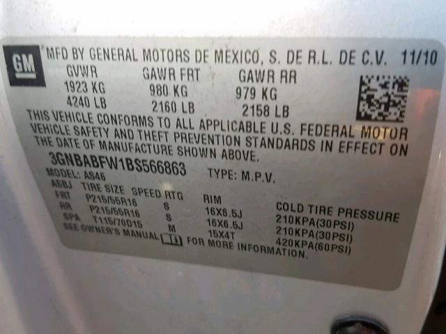 3GNBABFW1BS566863 - 2011 CHEVROLET HHR LT SILVER photo 10