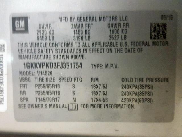 1GKKVPKD3FJ351754 - 2015 GMC ACADIA SLE SILVER photo 10