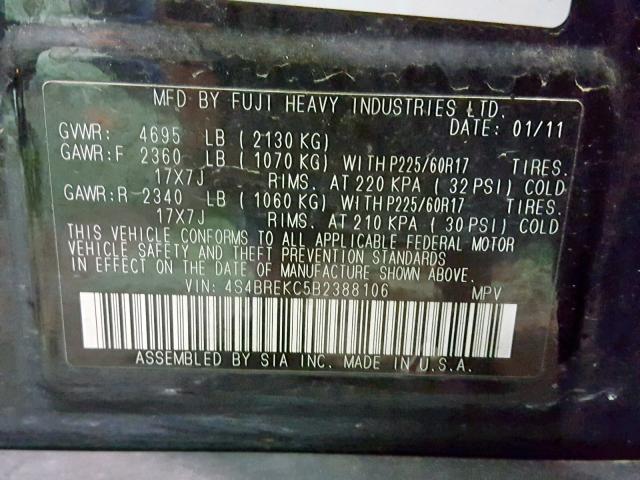 4S4BREKC5B2388106 - 2011 SUBARU OUTBACK 3. BLACK photo 10