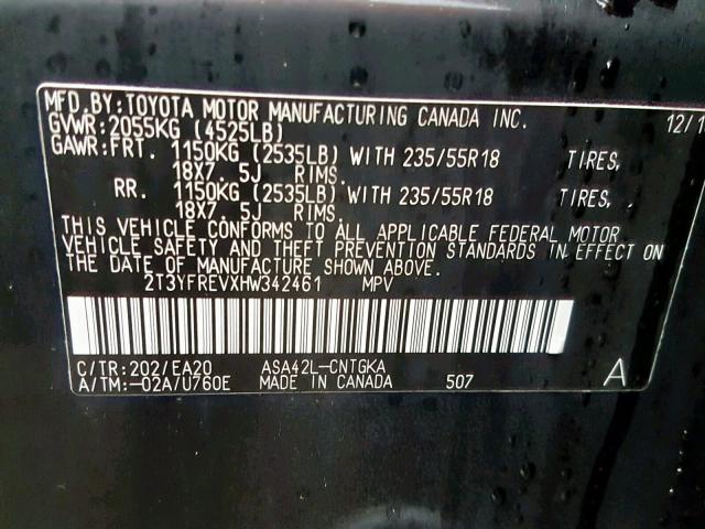 2T3YFREVXHW342461 - 2017 TOYOTA RAV4 LIMIT BLACK photo 10