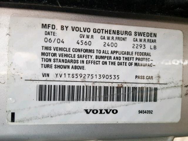 YV1TS592751390535 - 2005 VOLVO S80 2.5T SILVER photo 10