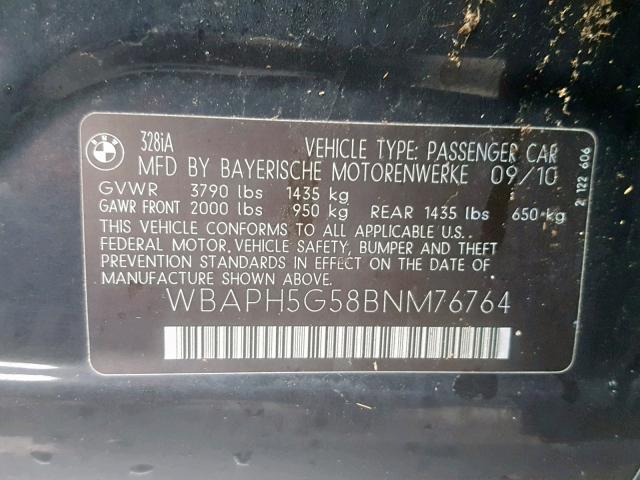 WBAPH5G58BNM76764 - 2011 BMW 328 I SULE BLACK photo 10