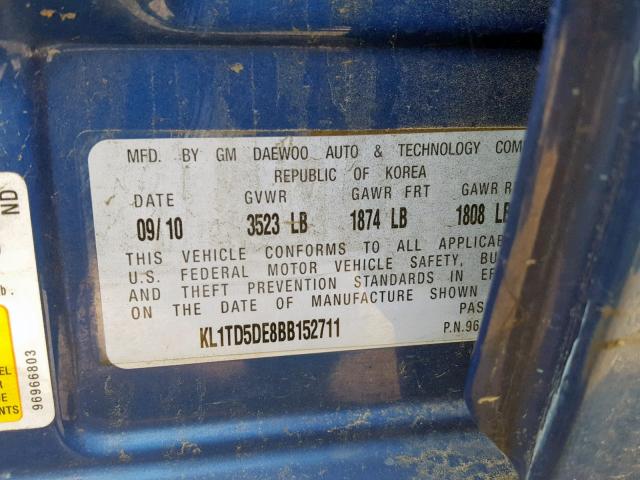 KL1TD5DE8BB152711 - 2011 CHEVROLET AVEO LS BLUE photo 10