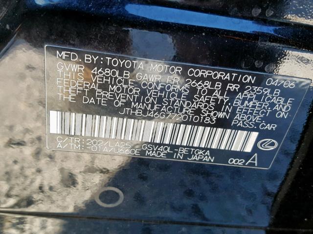 JTHBJ46G772010183 - 2007 LEXUS ES 350 BLACK photo 10