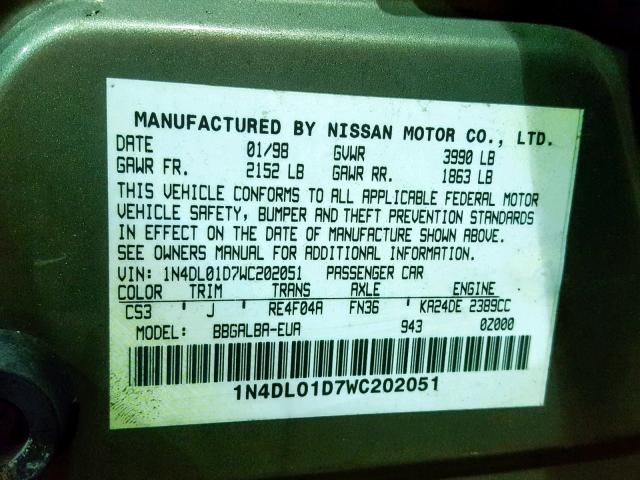 1N4DL01D7WC202051 - 1998 NISSAN ALTIMA XE BROWN photo 10