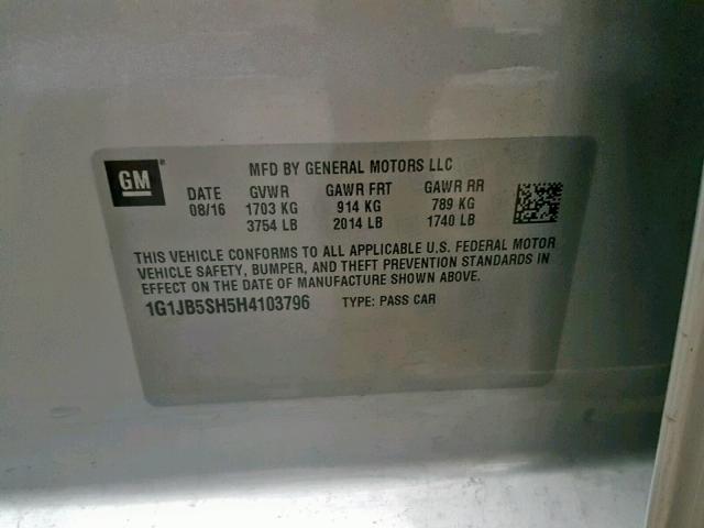 1G1JB5SH5H4103796 - 2017 CHEVROLET SONIC LS SILVER photo 10