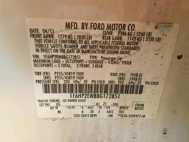 1FAHP2EW8BG172851 - 2011 FORD TAURUS SEL WHITE photo 10