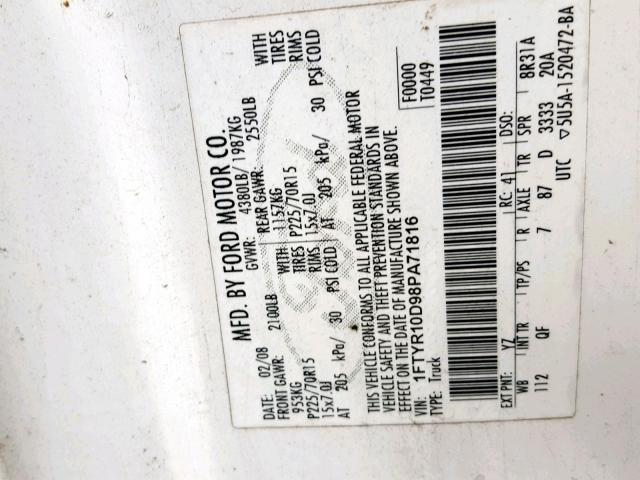 1FTYR10D98PA71816 - 2008 FORD RANGER WHITE photo 10