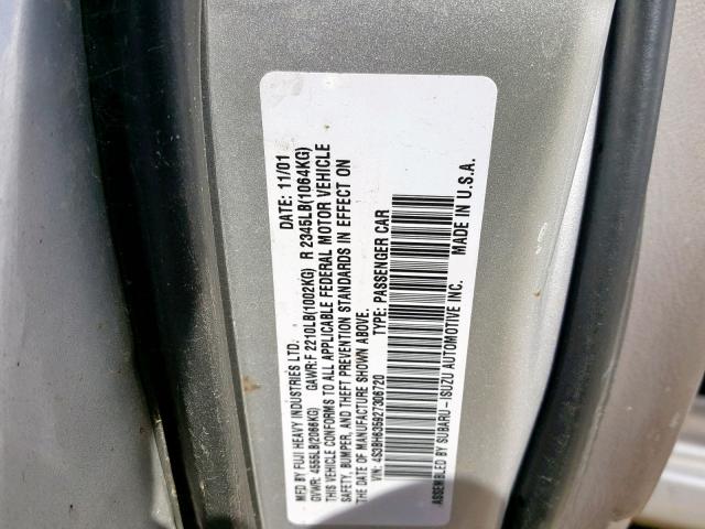 4S3BH635927306720 - 2002 SUBARU LEGACY L SILVER photo 10