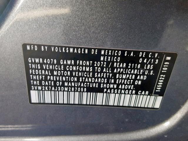 3VW2K7AJ3DM287059 - 2013 VOLKSWAGEN JETTA BASE Մոխրագույն լուսանկար 10