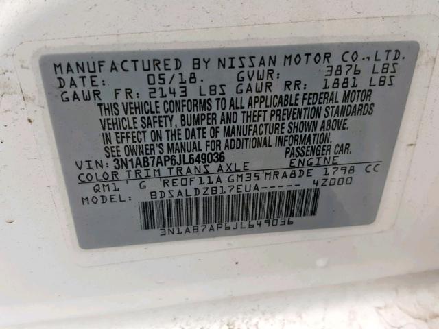 3N1AB7AP6JL649036 - 2018 NISSAN SENTRA SV WHITE photo 10