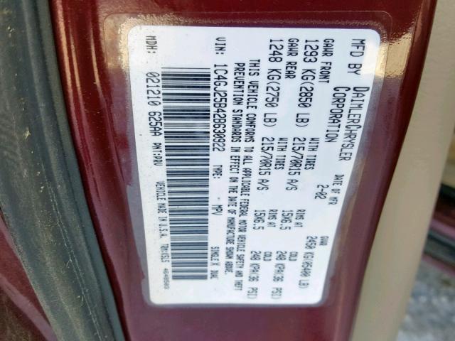 1C4GJ25B42B630922 - 2002 CHRYSLER VOYAGER BURGUNDY photo 10