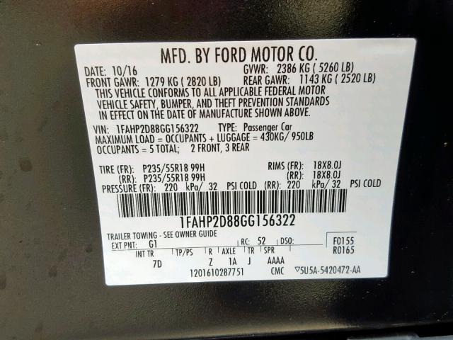 1FAHP2D88GG156322 - 2016 FORD TAURUS SE BLACK photo 10