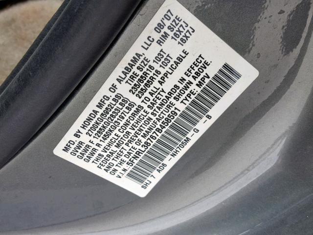 5FNRL38767B458591 - 2007 HONDA ODYSSEY EX SILVER photo 10