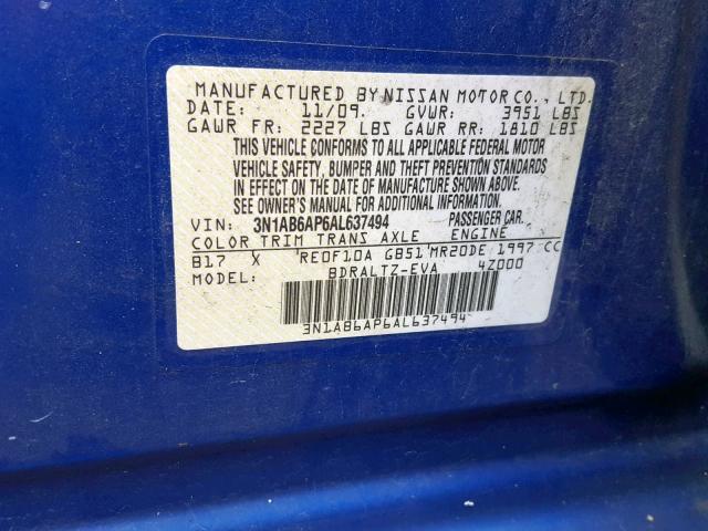 3N1AB6AP6AL637494 - 2010 NISSAN SENTRA 2.0 BLUE photo 10