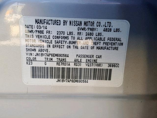 JN1BV7AP6EM690564 - 2014 INFINITI Q50 BASE SILVER photo 10