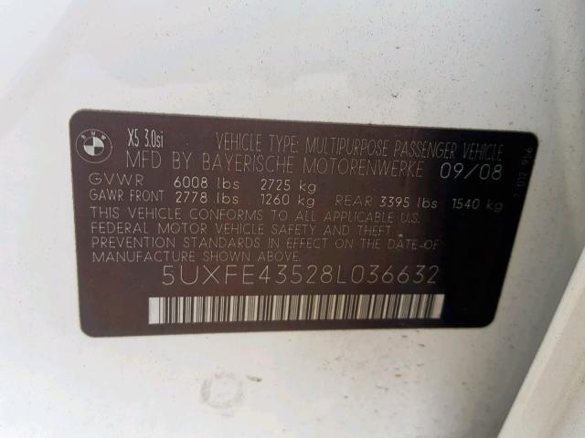 5UXFE43528L036632 - 2008 BMW X5 3.0I WHITE photo 10