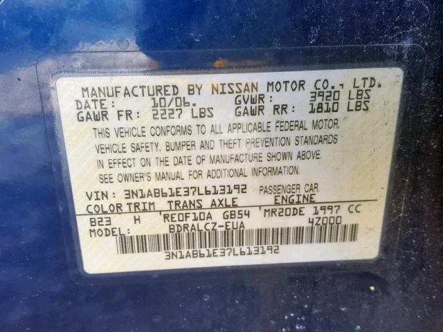 3N1AB61E37L613192 - 2007 NISSAN SENTRA 2.0 BLUE photo 10