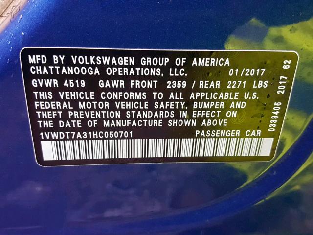 1VWDT7A31HC050701 - 2017 VOLKSWAGEN PASSAT R-L 蓝色 照片 10