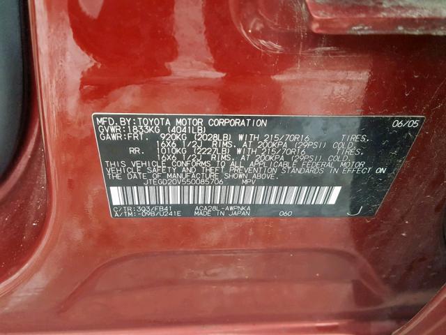 JTEGD20V550085706 - 2005 TOYOTA RAV4 BURGUNDY photo 10