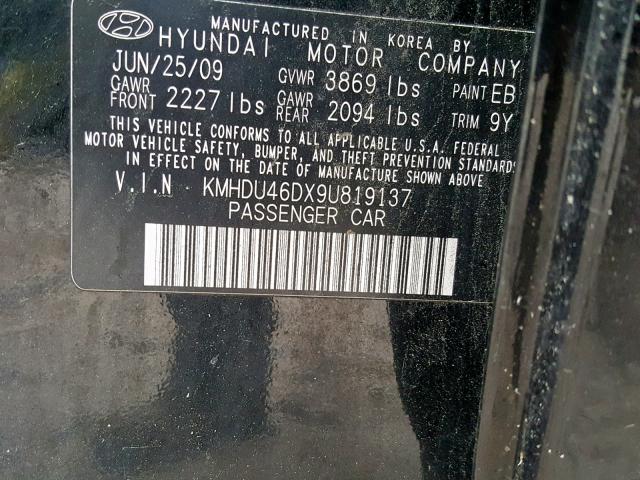 KMHDU46DX9U819137 - 2009 HYUNDAI ELANTRA GL Қара фото 10