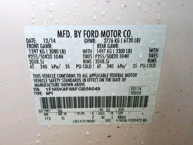 1FM5K8F88FGB56049 - 2015 FORD EXPLORER L WHITE photo 10