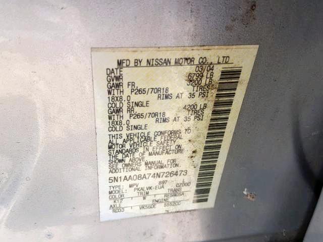 5N1AA08A74N726473 - 2004 NISSAN ARMADA SE SILVER photo 10