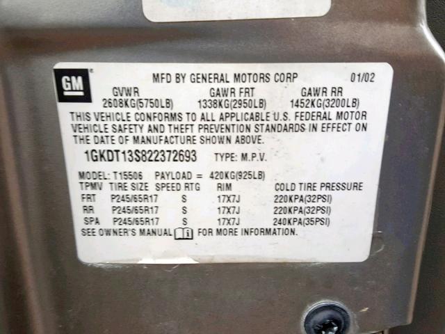 1GKDT13S822372693 - 2002 GMC ENVOY SILVER photo 10