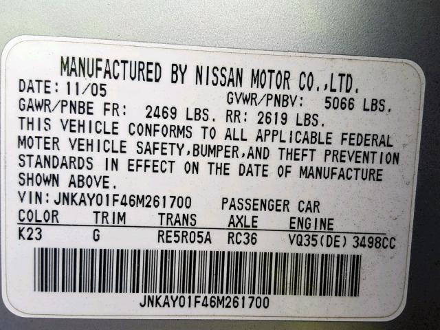 JNKAY01F46M261700 - 2006 INFINITI M35 BASE SILVER photo 10