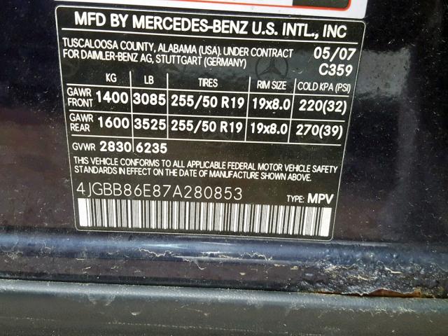 4JGBB86E87A280853 - 2007 MERCEDES-BENZ ML 350 BLUE photo 10