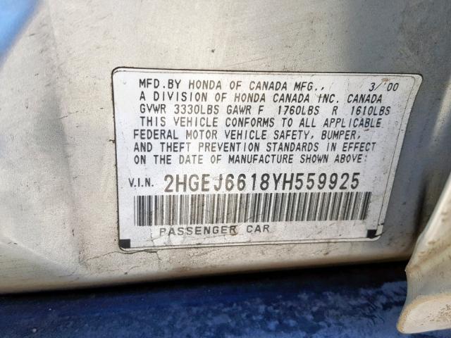 2HGEJ6618YH559925 - 2000 HONDA CIVIC BASE Gümüş foto 10